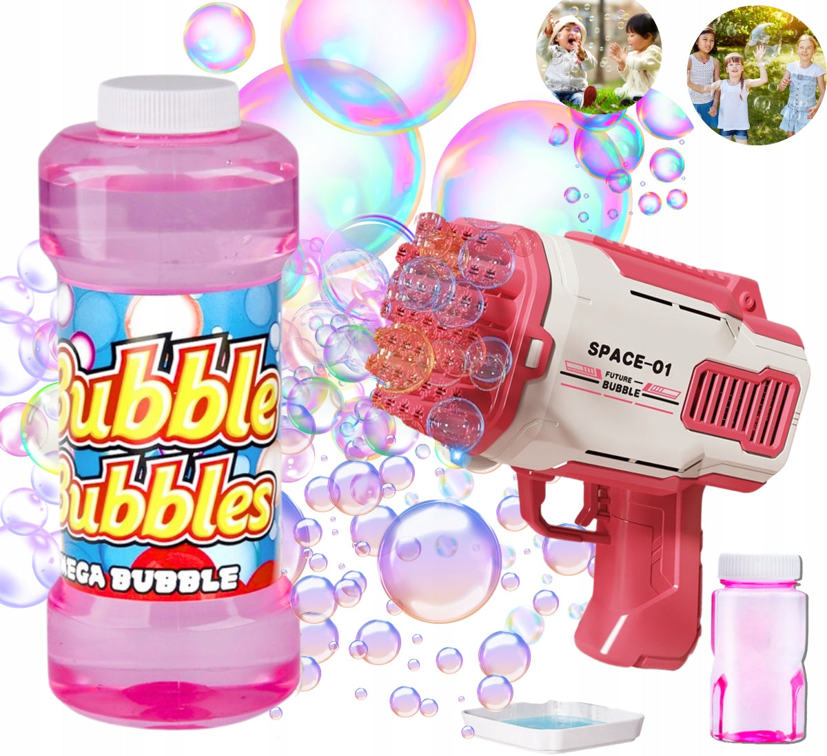 BUBBLE GUN 32 Holes BUBBLE MACHINE BATTERY OPERATED + LIQUID Red