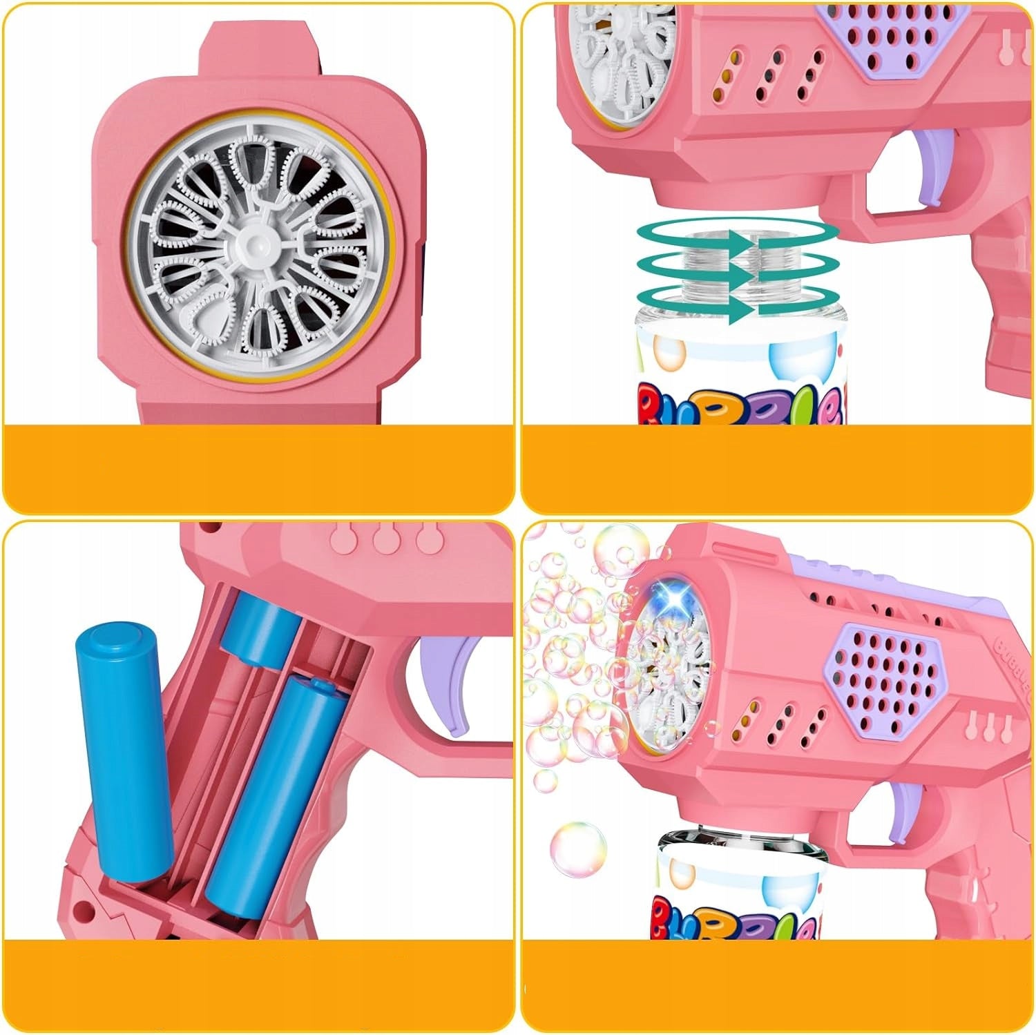 BUBBLE GUN BATTERY OPERATED BUBBLE MACHINE + 4 x BATTERIES + LIQUID Pink Manufacturer code PISTOLET NA BAŃKI MYDLANE + 4xBaterie Różowy