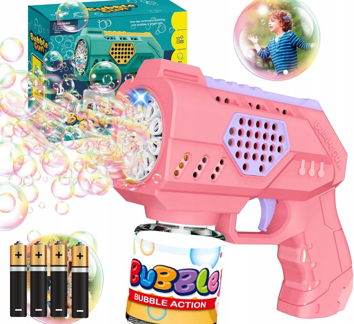BUBBLE GUN BATTERY OPERATED BUBBLE MACHINE + 4 x BATTERIES + LIQUID Pink