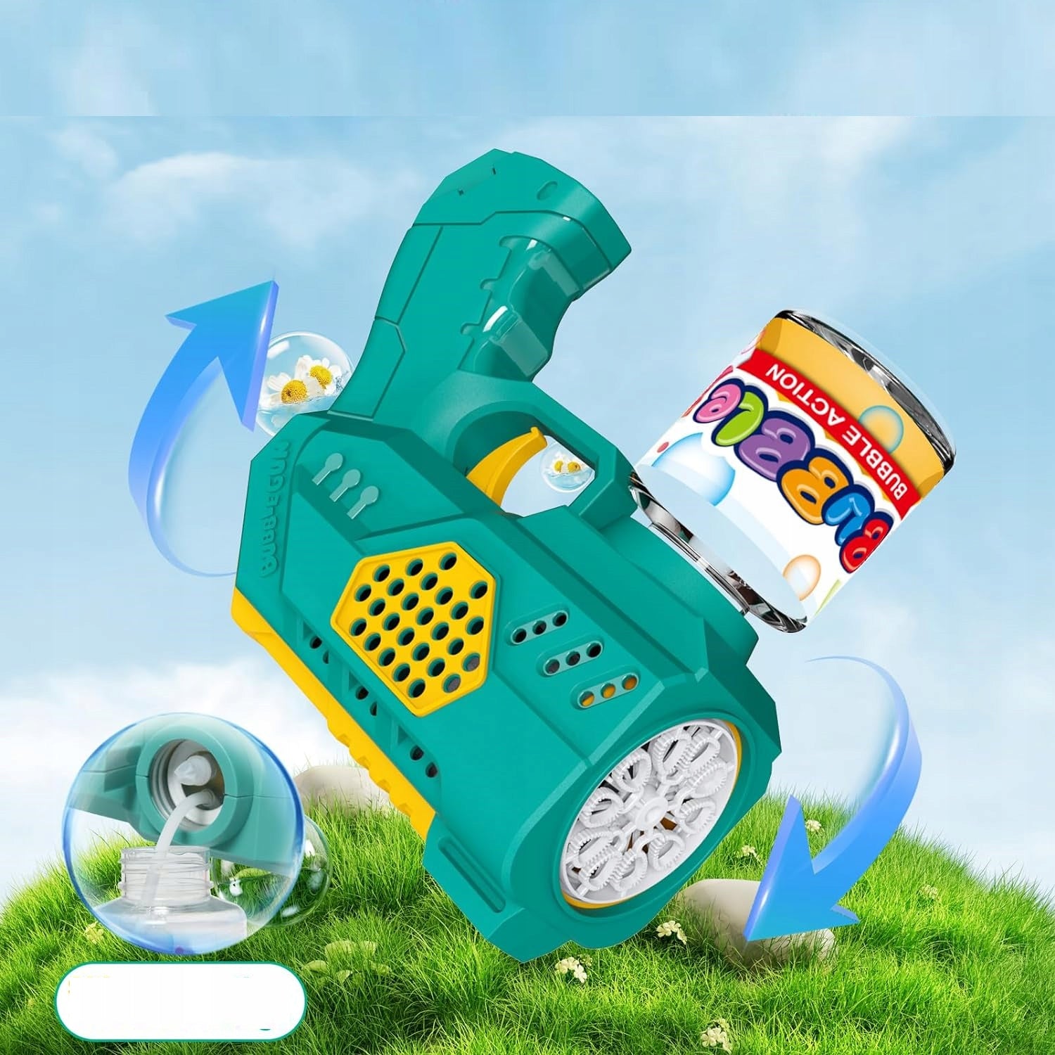 BUBBLE GUN BATTERY OPERATED BUBBLE MACHINE + 4pcs BATTERY+ LIQUID Green