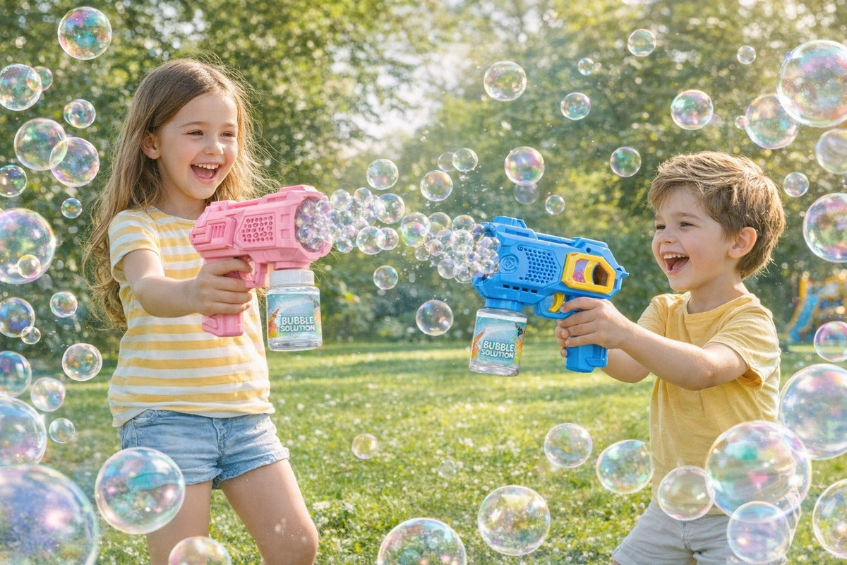 BUBBLE GUN BATTERY OPERATED SOAP BUBBLE MAKING MACHINE + LIQUID Color pink