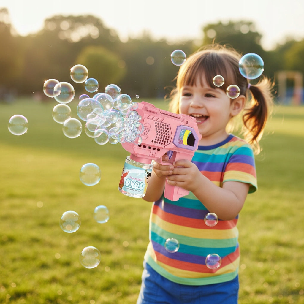 BUBBLE GUN BATTERY OPERATED SOAP BUBBLE MAKING MACHINE + LIQUID Manufacturer code MGP5516