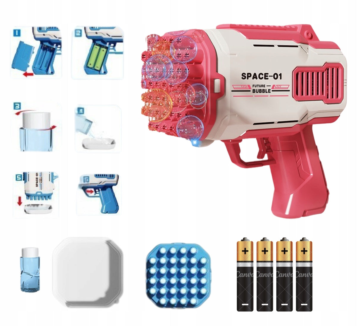 BUBBLE GUN BUBBLE MACHINE BATTERY+LIQUID+ 4pcs BATTERIES Red Packaging status original