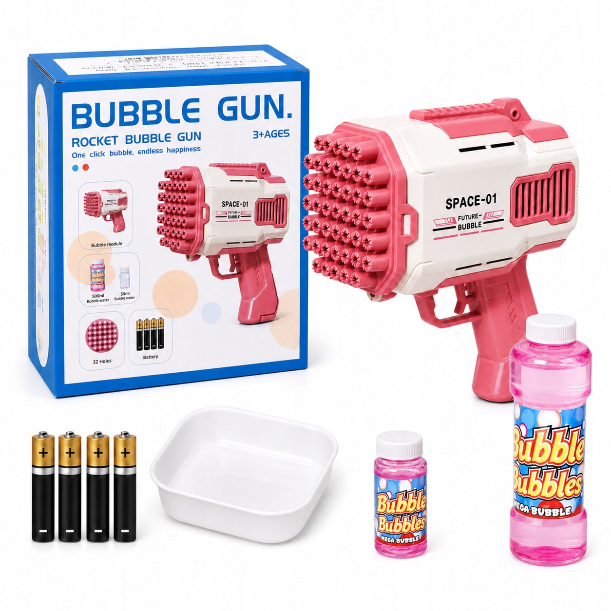 BUBBLE GUN BUBBLE MACHINE BATTERY+LIQUID+ 4pcs BATTERIES Red