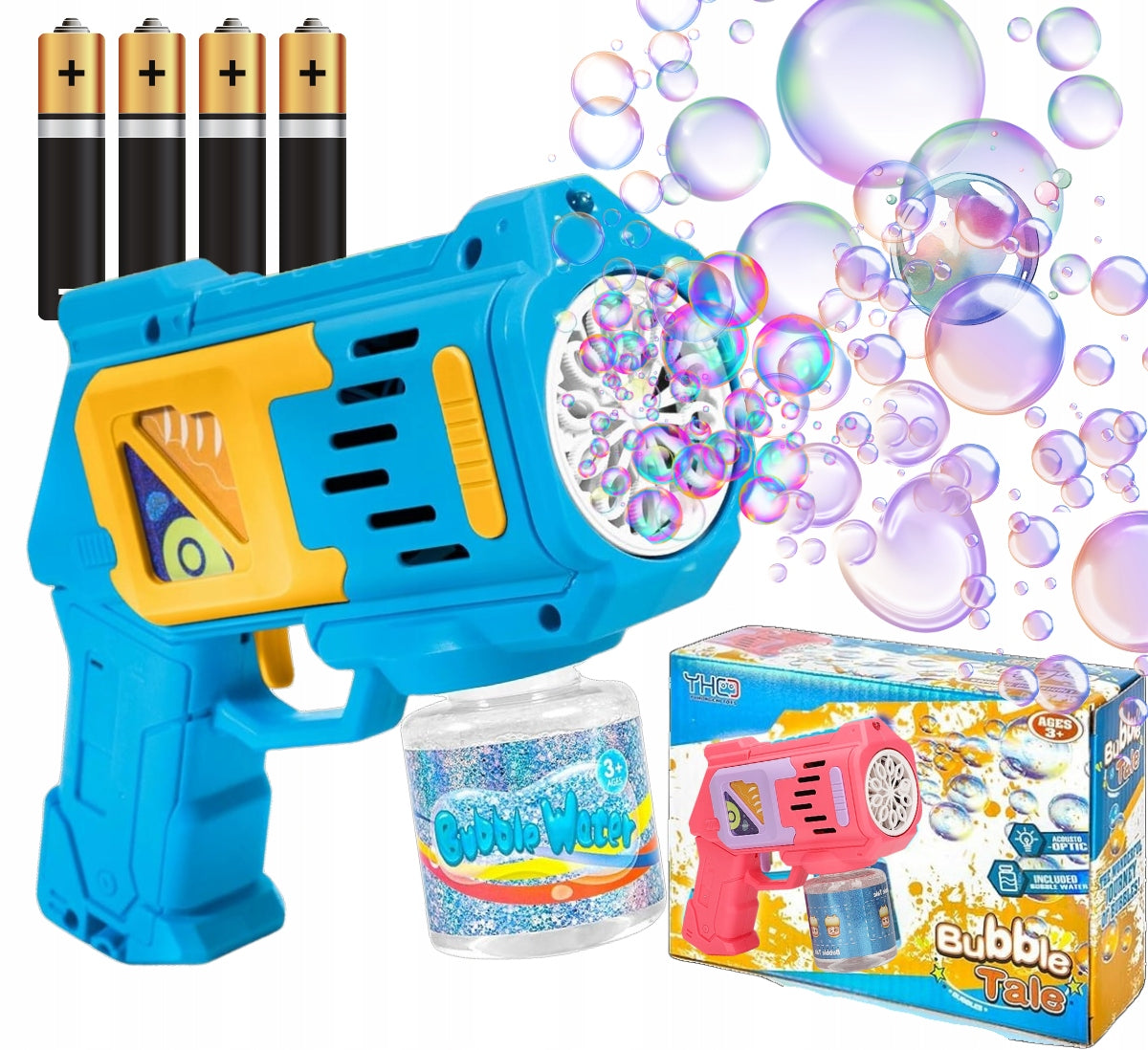 BUBBLE GUN BUBBLE MACHINE FOR BATTERIES+ LIQUID + 4x BATTERIES BLUE Packaging status original