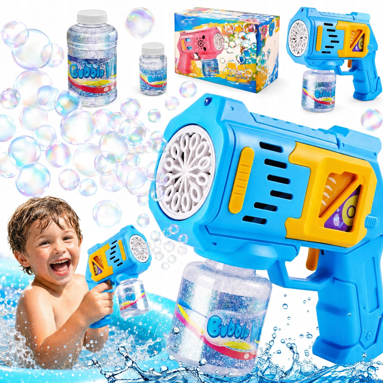BUBBLE GUN BUBBLE MACHINE FOR BATTERIES+ LIQUID + 4x BATTERIES BLUE