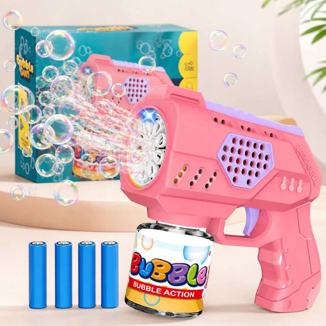 BUBBLE GUN + LIQUID + 4PCS BATTERIES Pink BUBBLE MACHINE FOR BATTERIES Brand Doo Doo