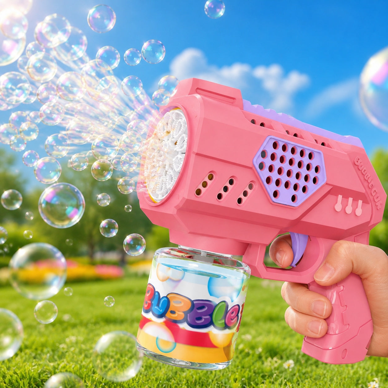 BUBBLE GUN + LIQUID + 4PCS BATTERIES Pink BUBBLE MACHINE FOR BATTERIES Manufacturer code PISTOLET NA BAŃKI MYDLANE- Różowy 960-5