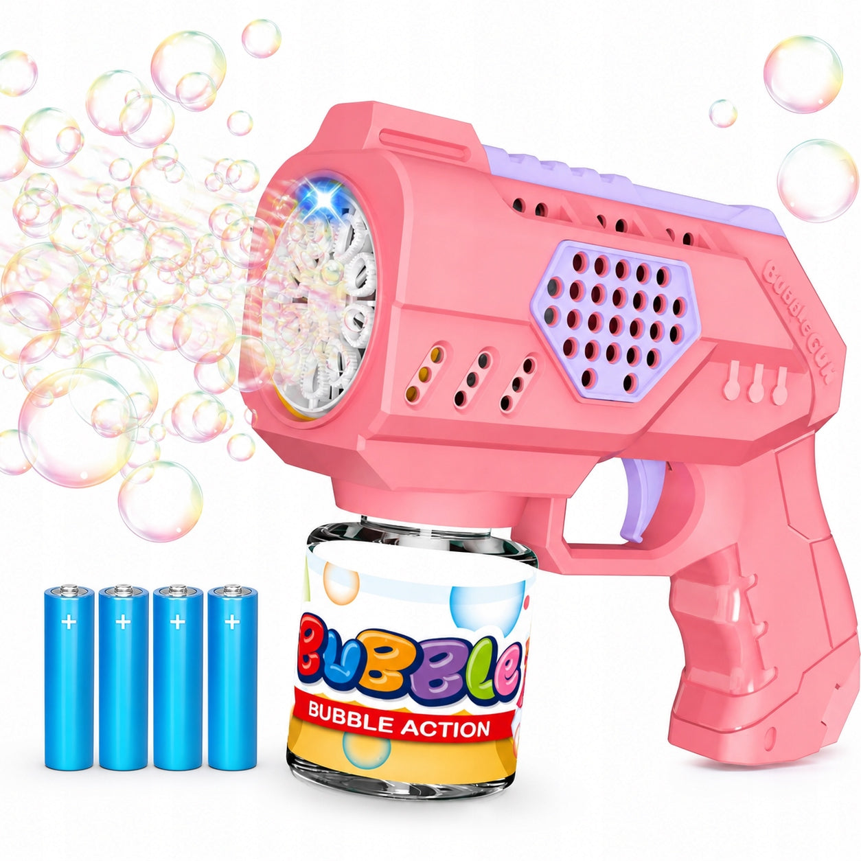 BUBBLE GUN + LIQUID + 4PCS BATTERIES Pink BUBBLE MACHINE FOR BATTERIES