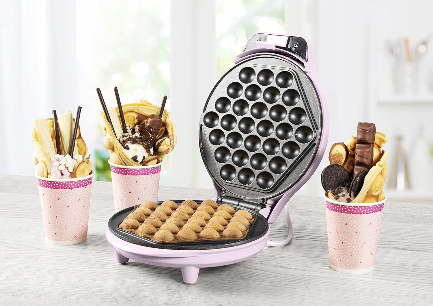BUBBLE WAFFLE MAKER Bubble FILLING WITH CHOCOLATE FRUIT 700 W PINK Brand Bestron