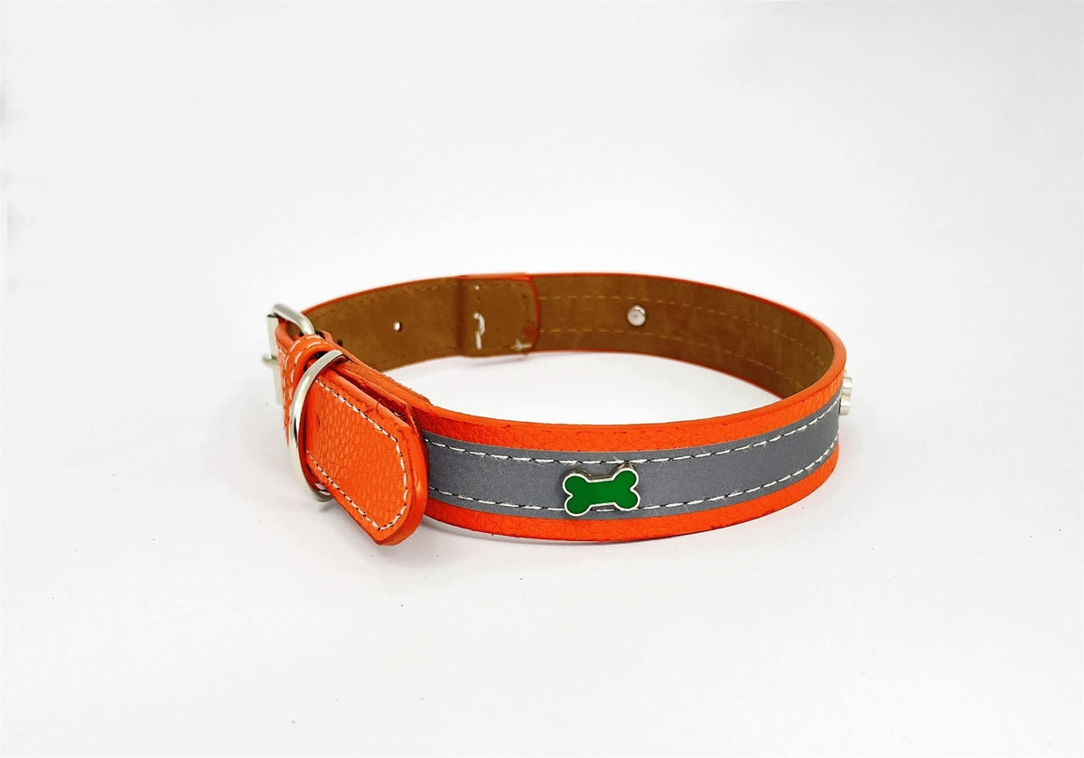 BUBU Reflective Leather Dog Collar Green Bone L 25mm 52cm Orange