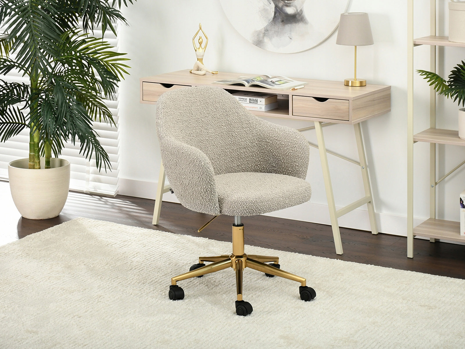BUCKET OFFICE CHAIR LILLY BEIGE BOUCLE FABRIC METAL GOLD LEG Brand Mebel-Partner