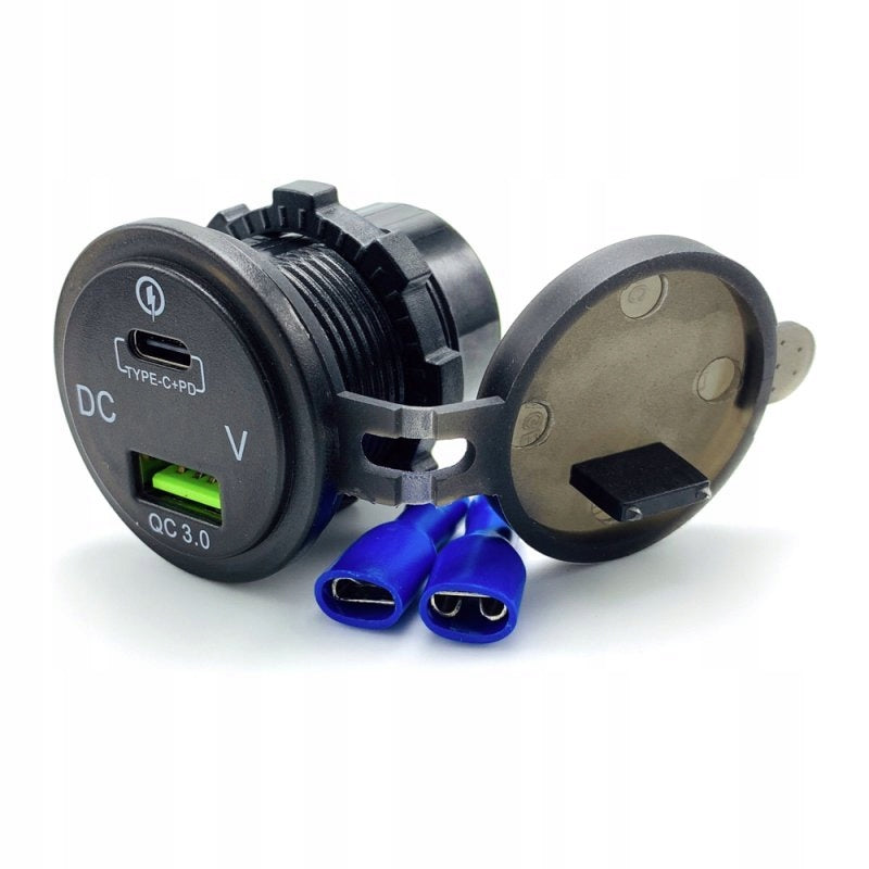 BUILT-IN CAR CHARGER 12V 24V USB QC3.0 USB-C VOLTMETER ORANGE
