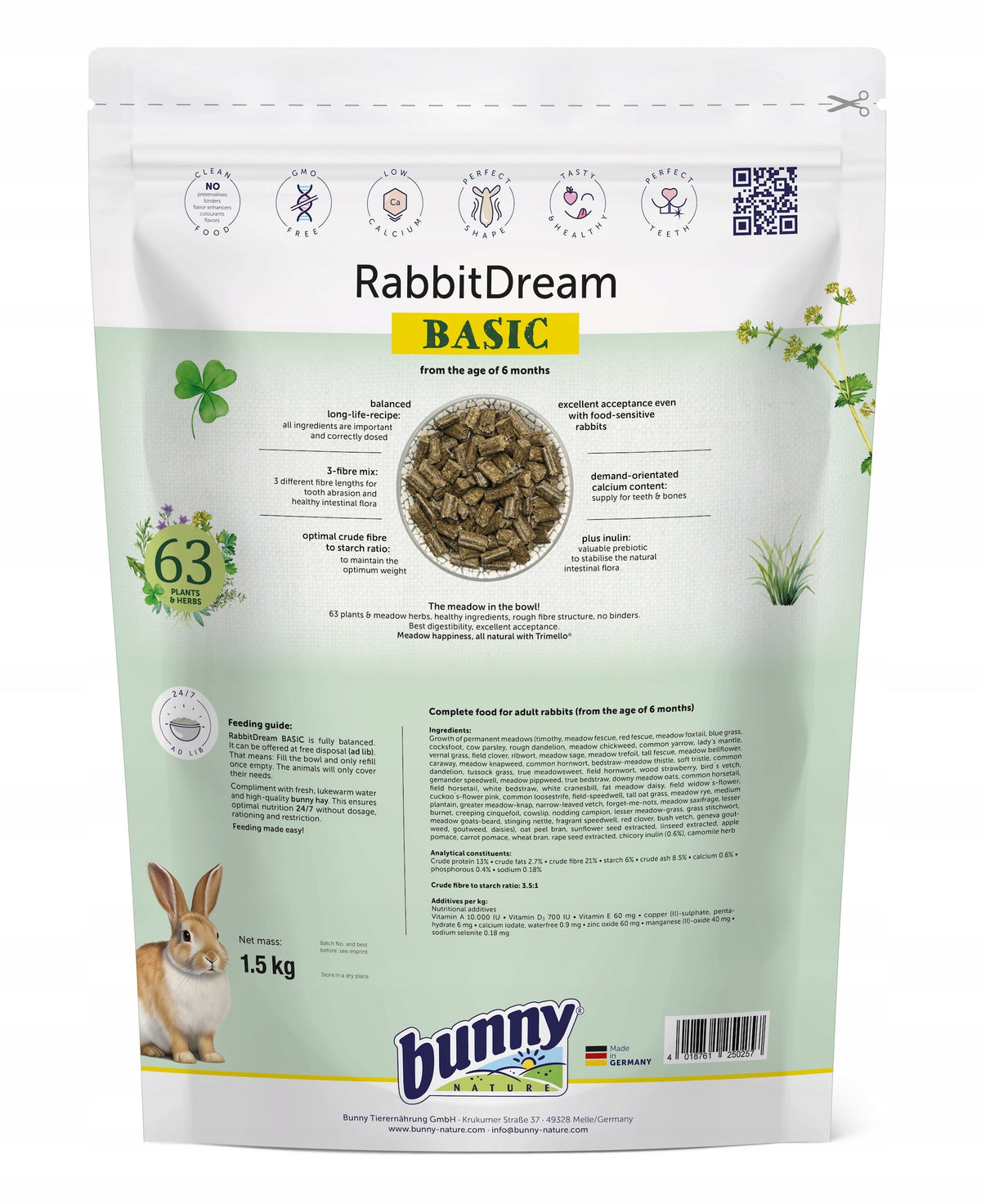 BUNNY NATURE Rabbit Dream BASIC 1,5kg - miniature rabbit food Packaging status original
