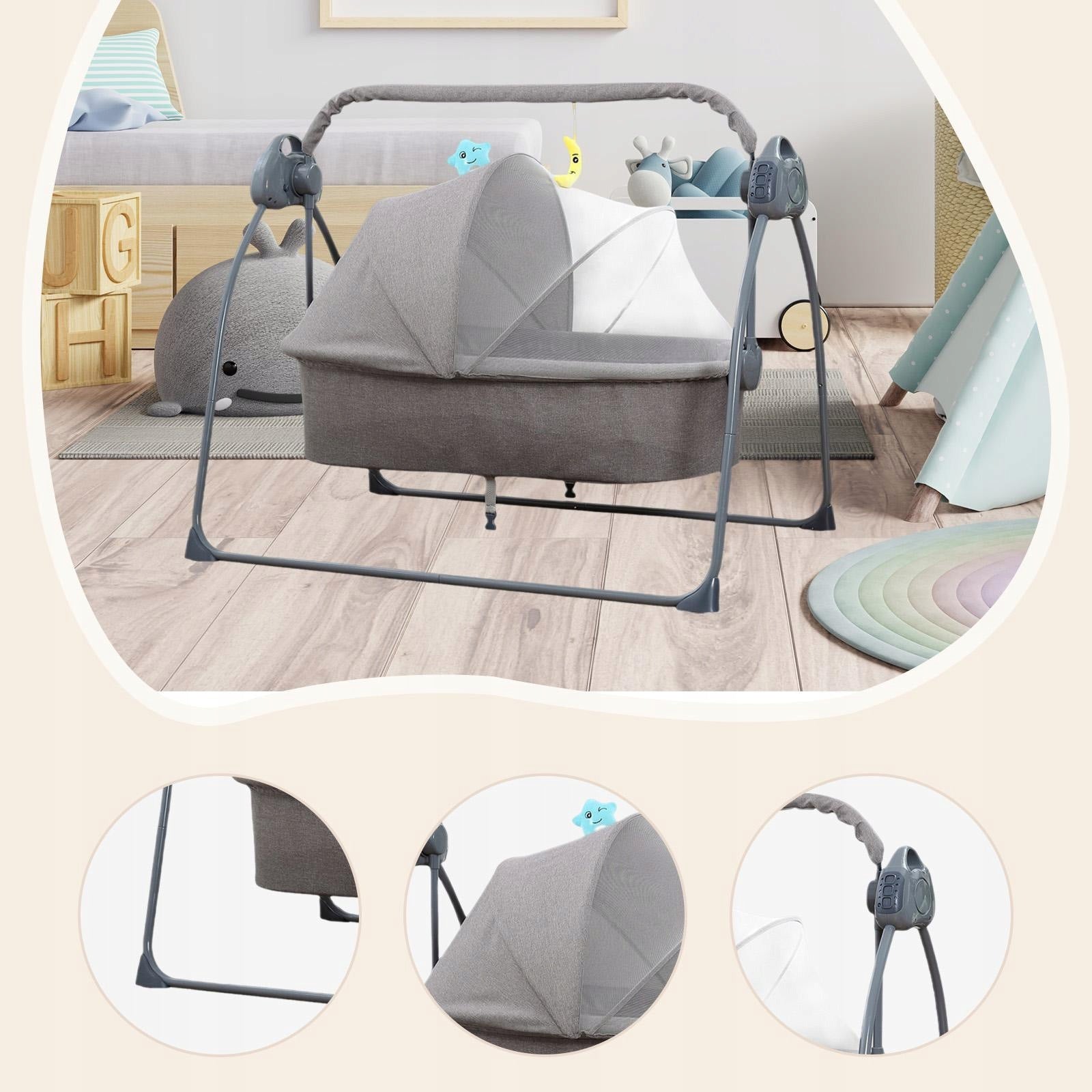 Baby Bassinet Auto Rocking Bassinet Comfortable Musical Folding Timer gray Brand no brand