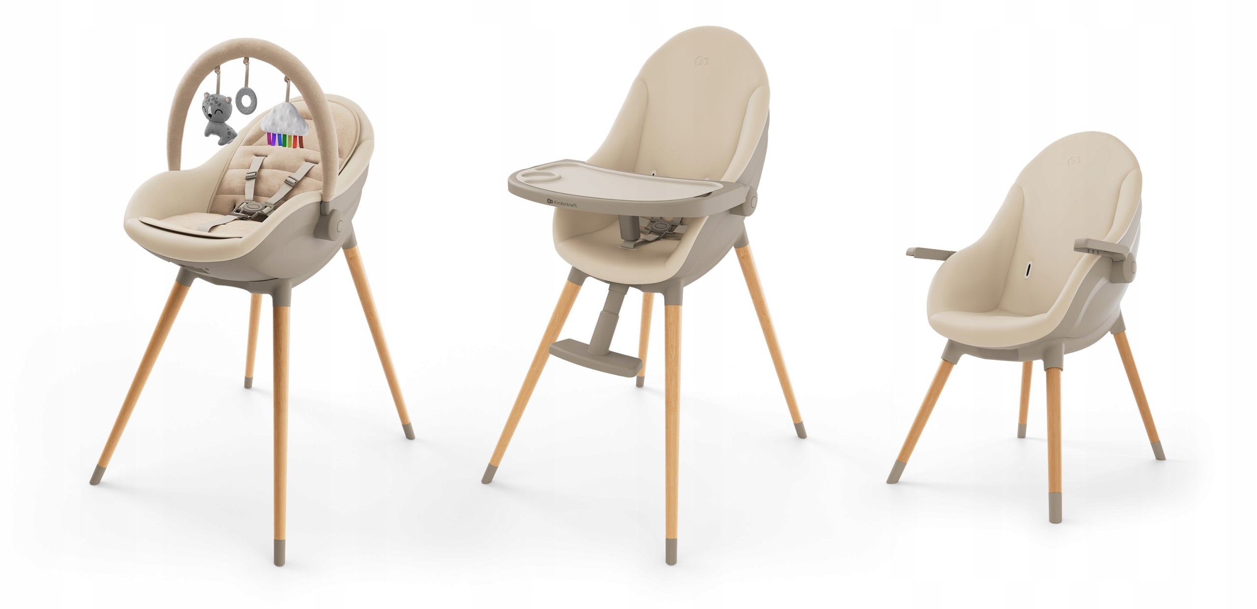 Baby Highchair Kinderkraft FINI UP 3in1 Adjustable Tray Belts Color shades of brown and beige