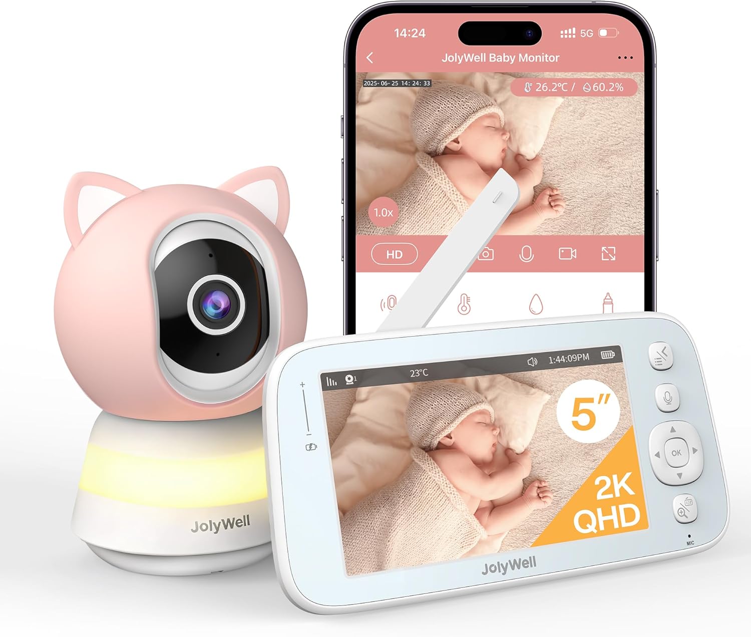 Baby Monitor Electronic Camera 5 Cali IPS Ultra HD Temp Humidity 2 Colors