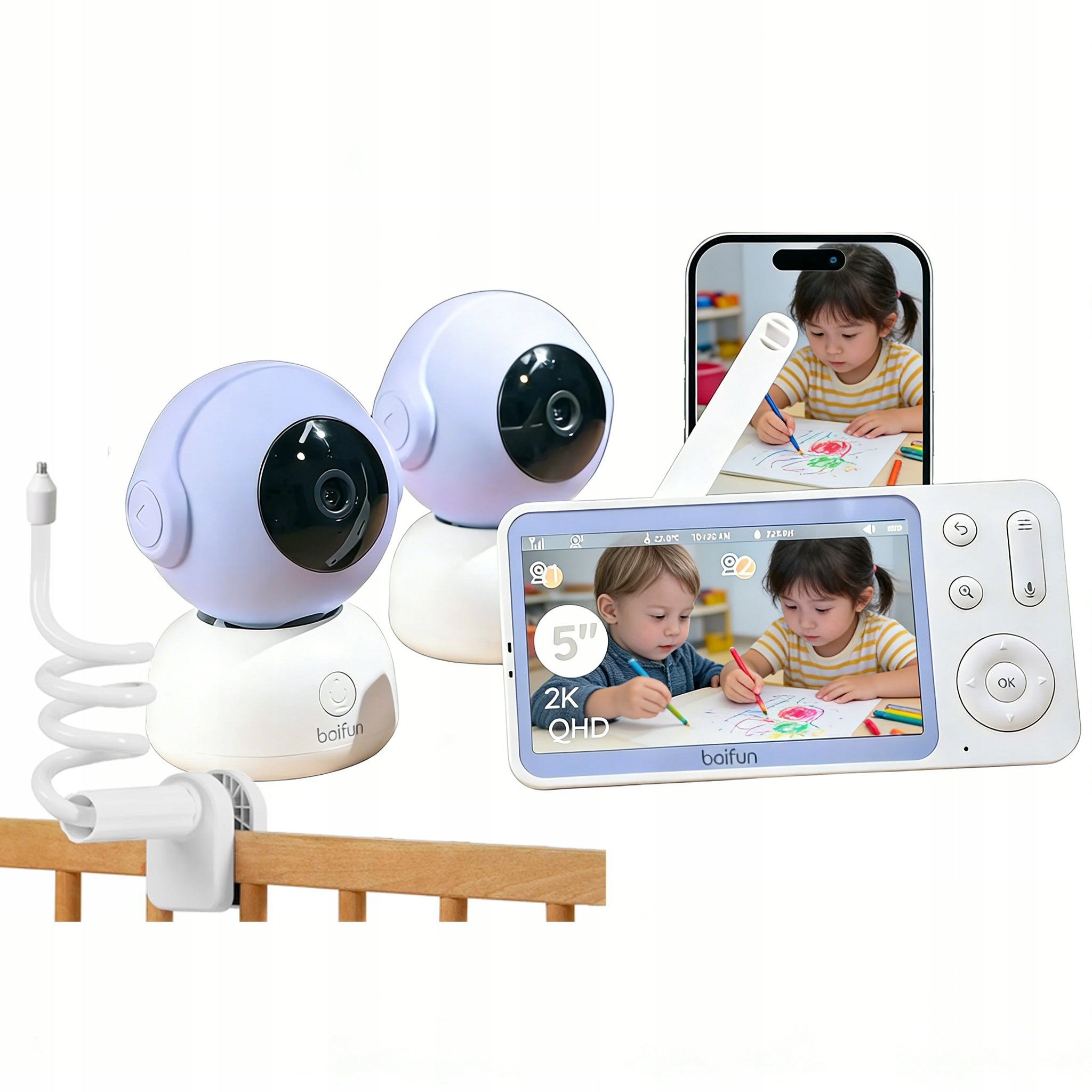 Baby Monitor with 2 Cameras 2K/3MP WiFi Camera 4xZoom PTZ With Handle