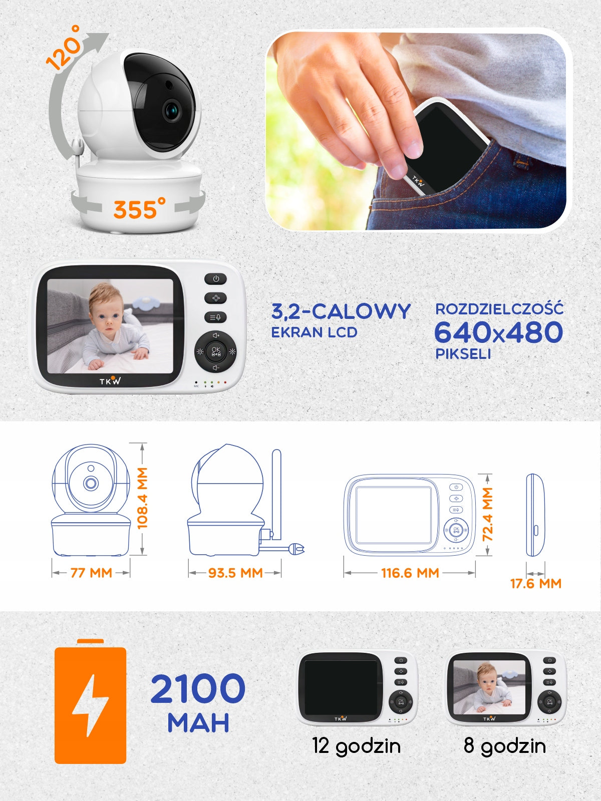 Baby Monitor with 3.2 Camera and 4x Zoom Monitor Night Mode 355° Rotation Manufacturer code MC632
