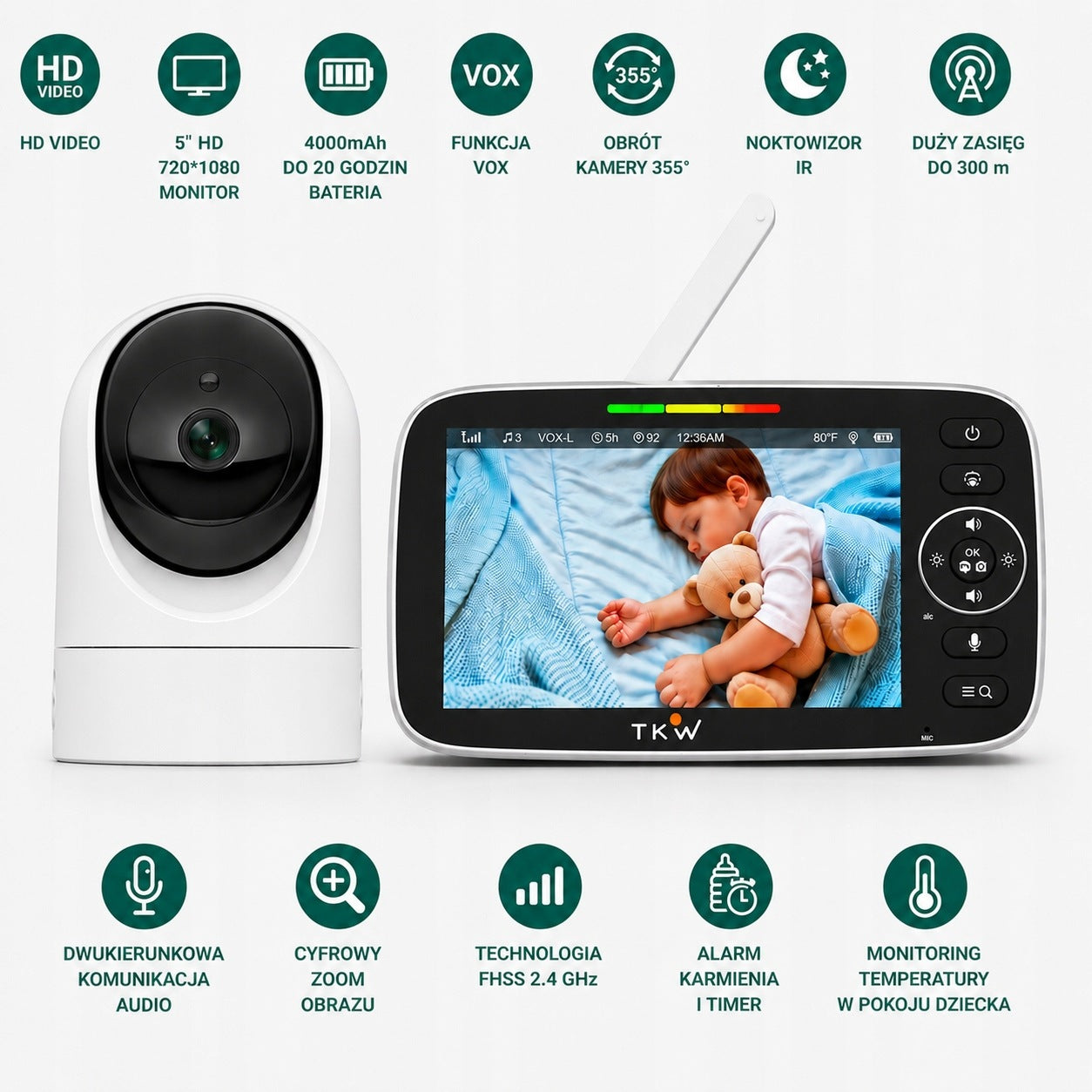Baby Monitor with Camera 5"HD 20h VOX Rotation 355°Night Vision Long Range Packaging status original