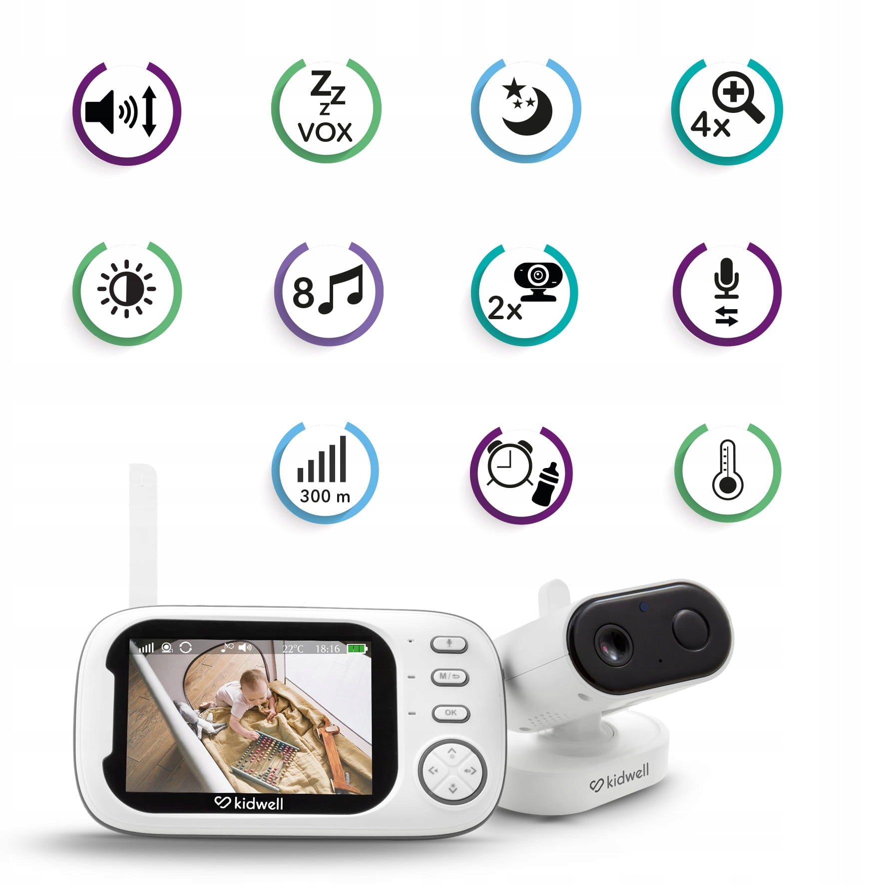 Baby monitor Kidwell VILLA with live camera Night mode 4xZoom Accessories included charger