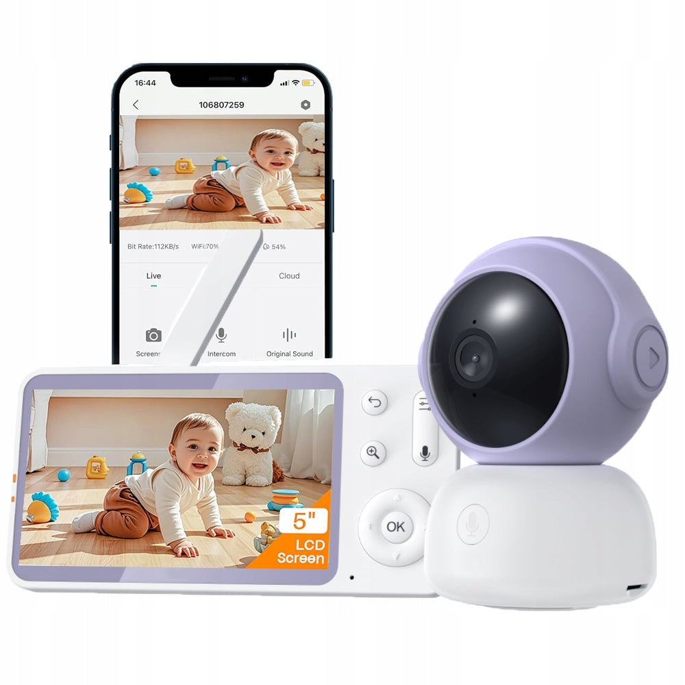Baby monitor with 5" screen and 2K camera controlled via app