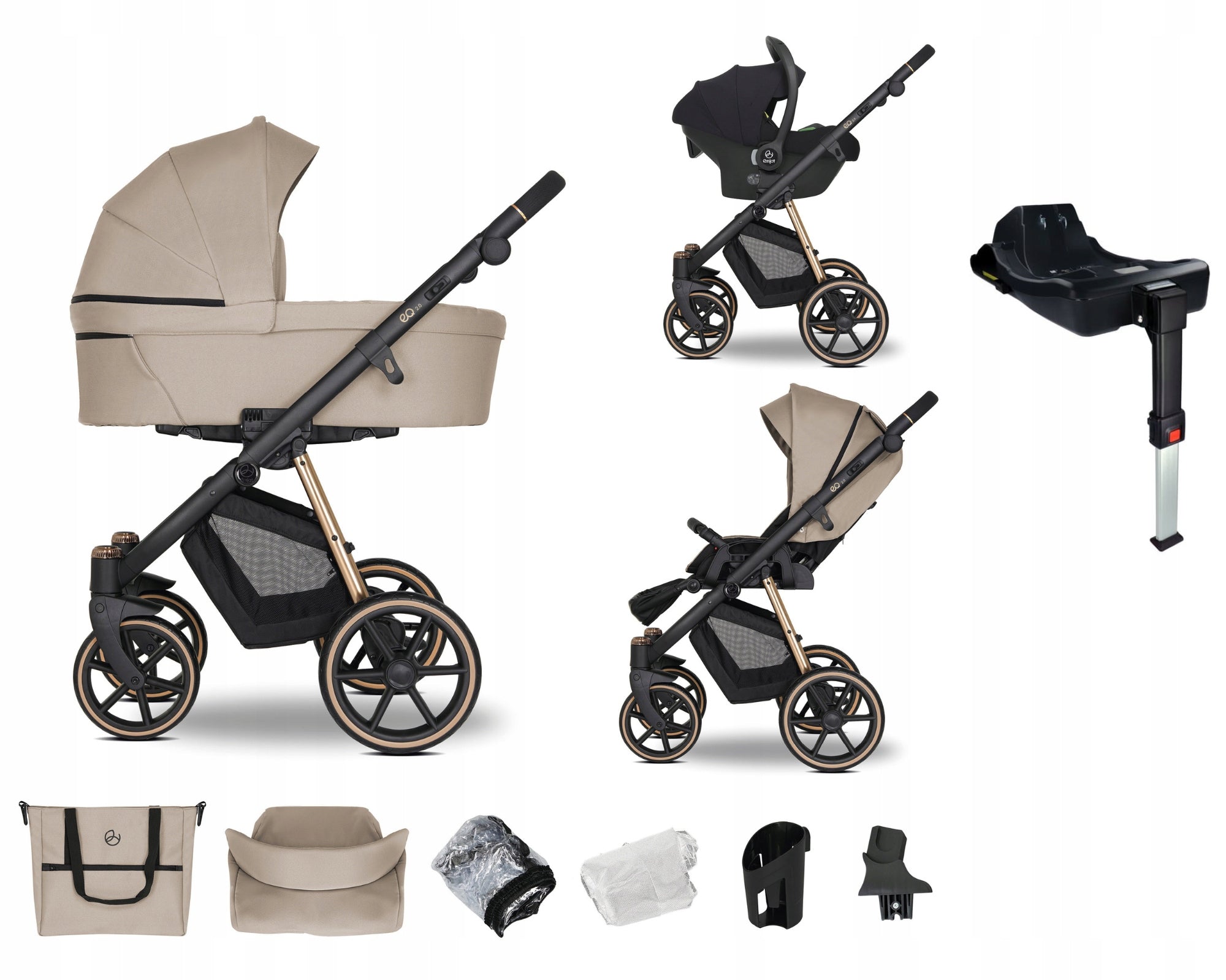 Baby stroller 4in1 EMJOT EQ 2.0 GOLD multifunctional beige Cosmo base isofix
