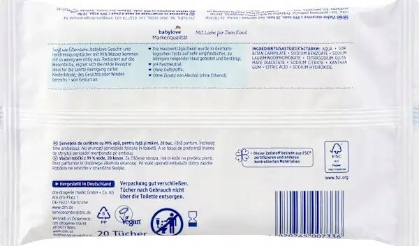 Babylove Face and Hand Wipes 99% Water from Birth Travel 20 pcs. Line of tissues other