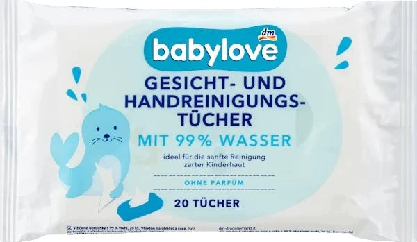 Babylove Face and Hand Wipes 99% Water from Birth Travel 20 pcs.