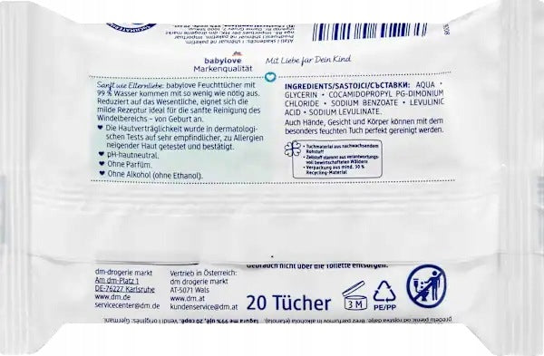 Babylove Wipes Moisturized 99% Water from Birth Mini Germany 20 pcs. Brand Babylove