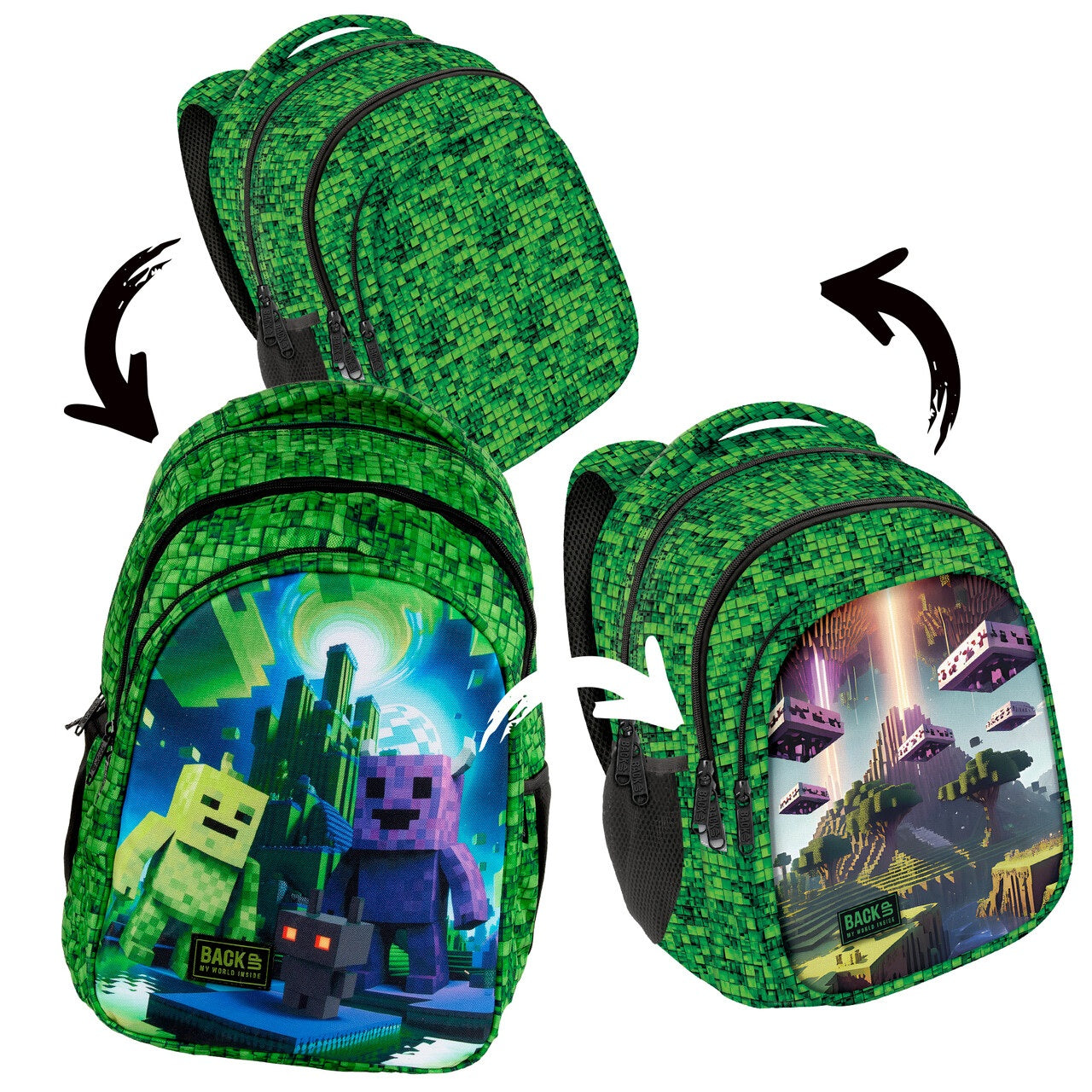 BackUP School Backpack Double Sided Panel 3 Patterns in 1 for Boy Pixel Game