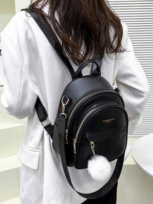 Backpack Bag 2in1 Women's Eco Leather Black Keychain Pompon White Gift Brand Likado