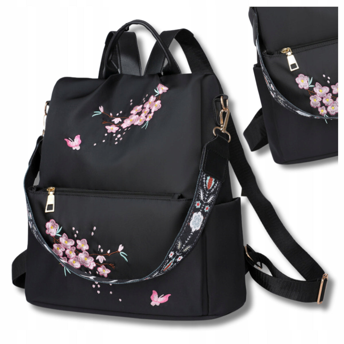 Backpack Black Spacious 2in1 Bag Waterproof School Tourist with Flowers Brand EdiBazzar