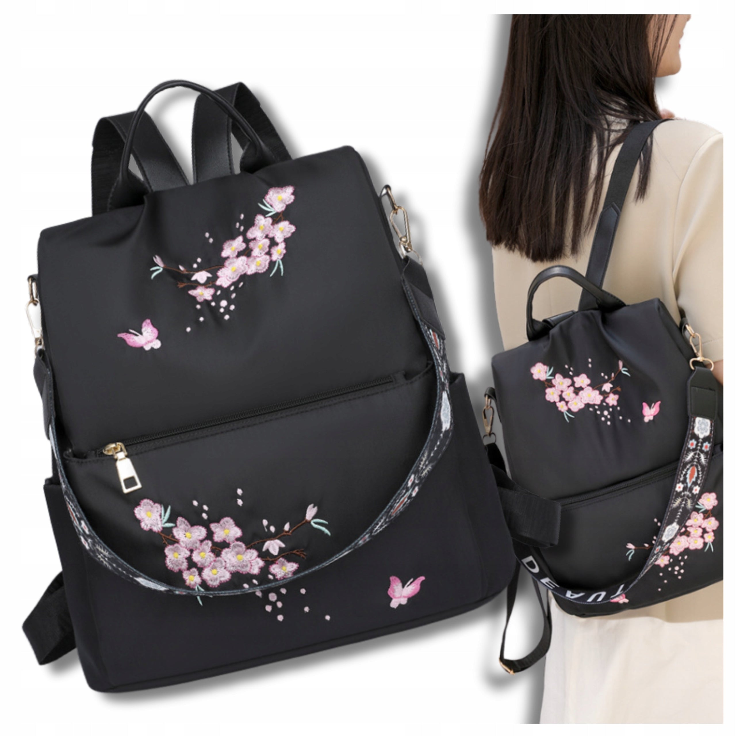 Backpack Black Spacious 2in1 Bag Waterproof School Tourist with Flowers Packaging status original