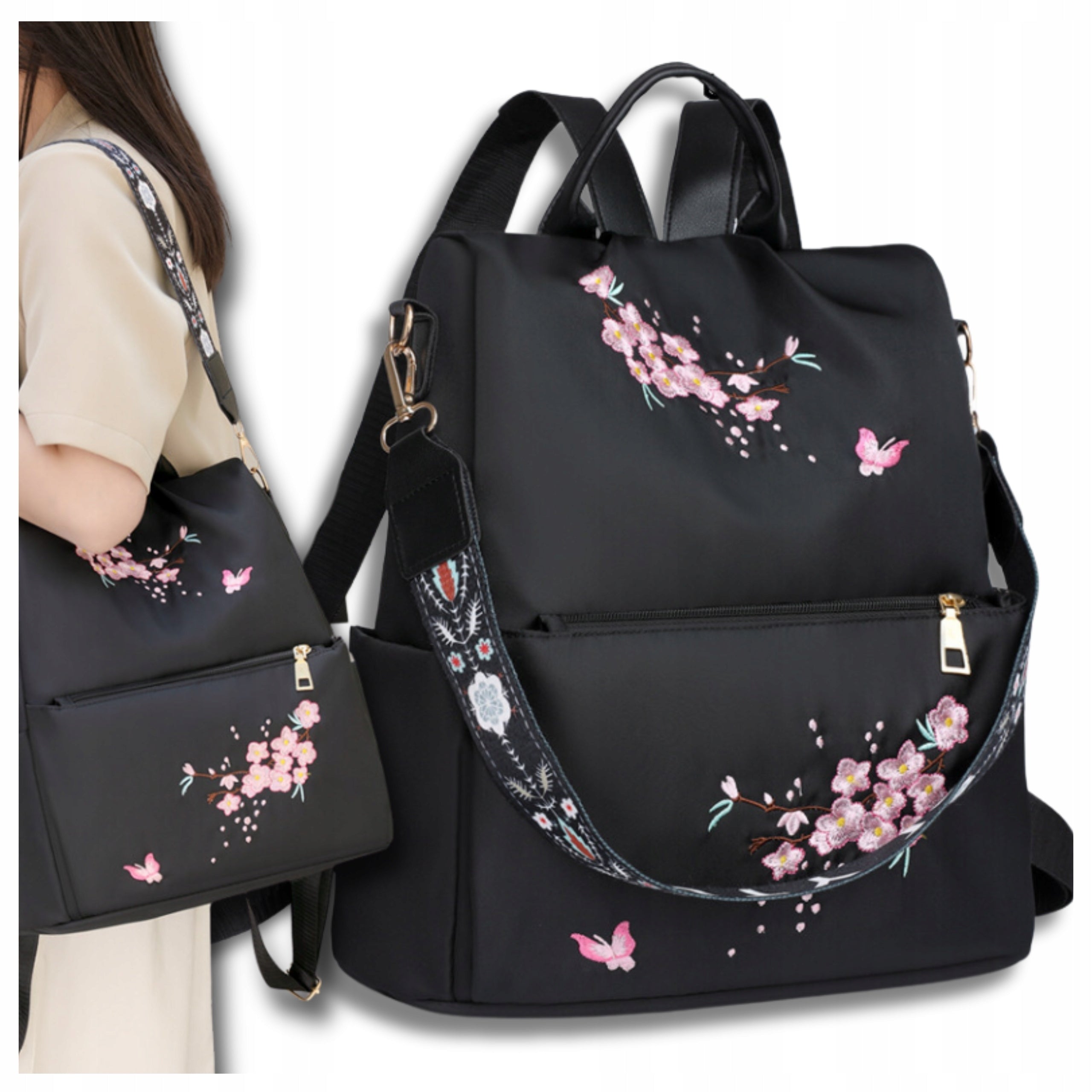 Backpack Black Spacious 2in1 Bag Waterproof School Tourist with Flowers
