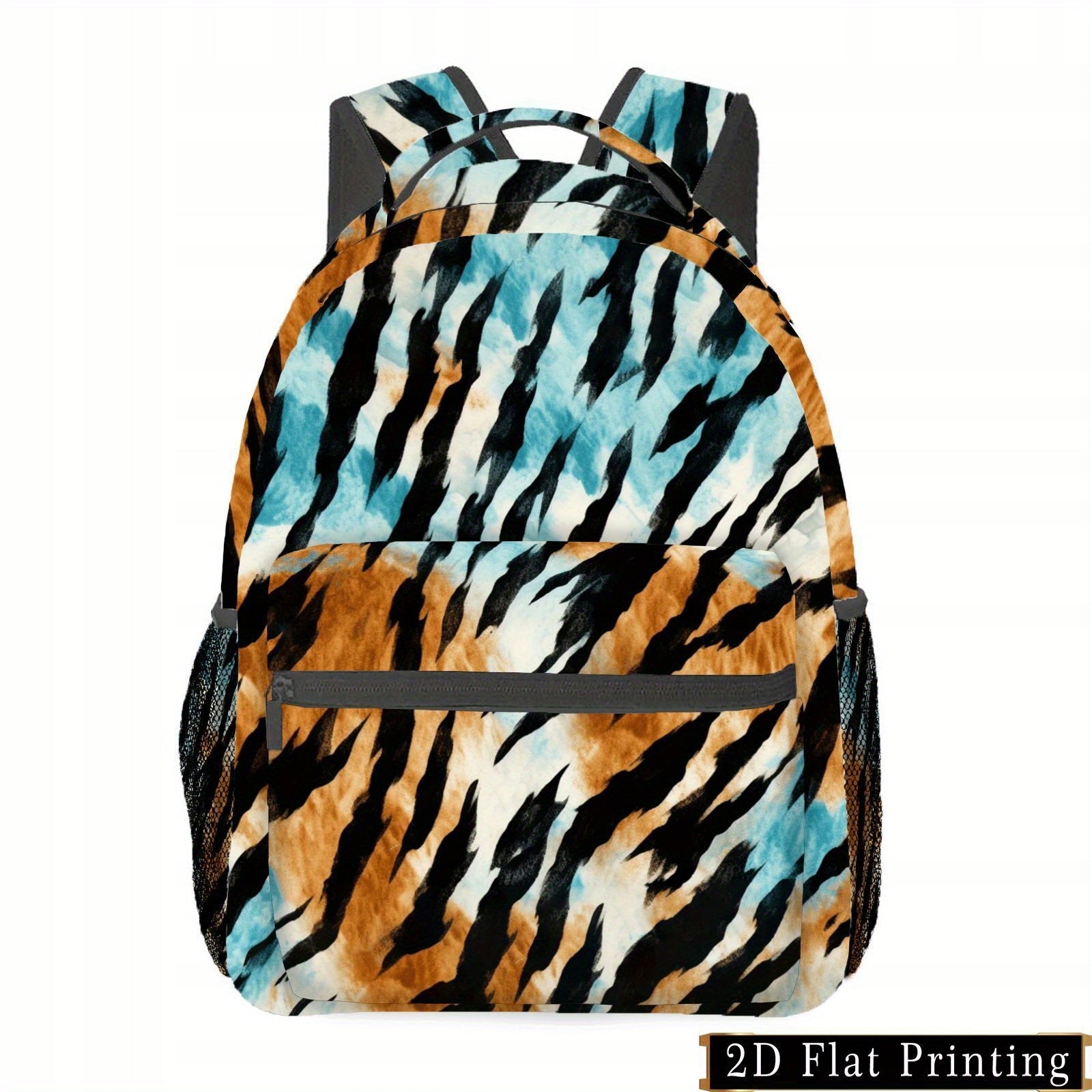 Backpack - Blue, Brown, Zebra Stripe Print, Versatile for School & Commuting, Laptop Compatible