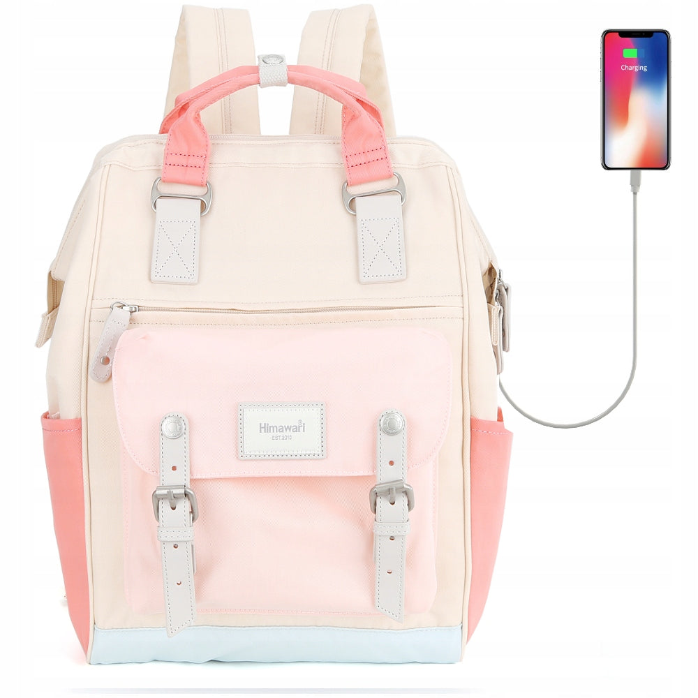 Backpack Himawari 9018 for laptop 15,6" with USB #07 cream-pink-coral