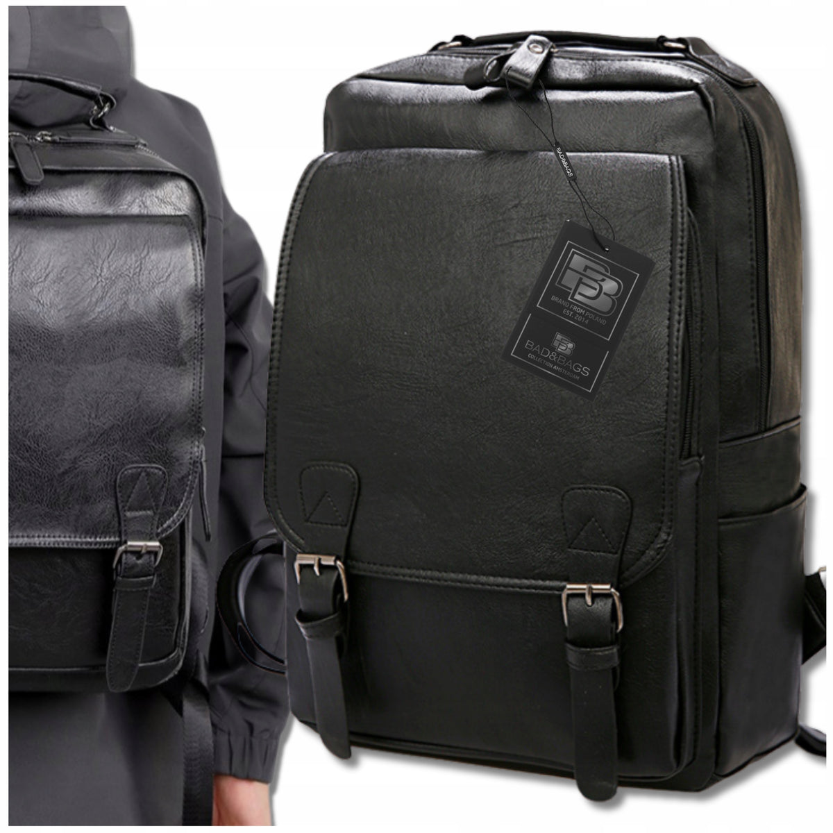 Backpack Leather black for aircraft handheld USB business cabin BAD&BAGS Brand Bad&Bags