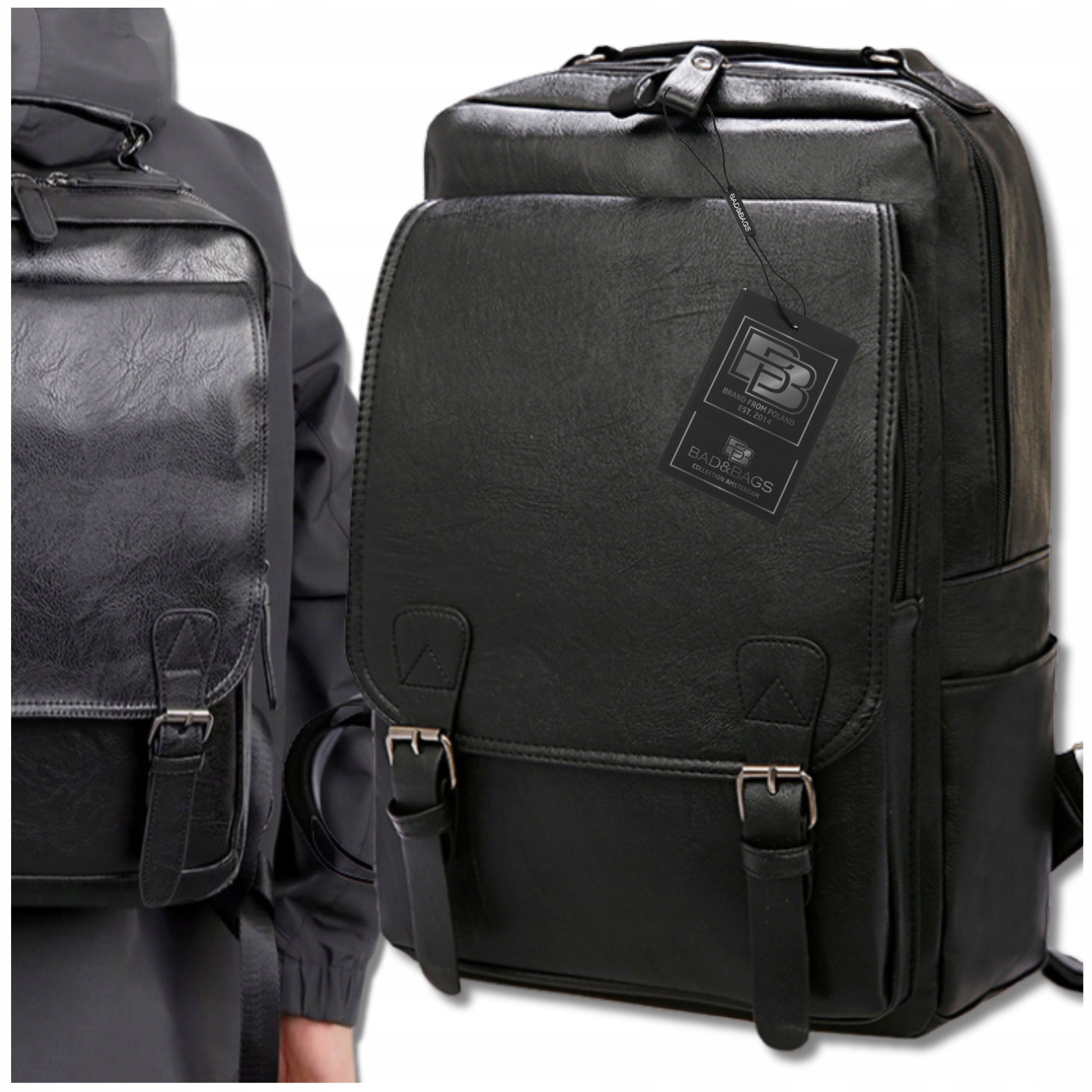 Backpack Leather black for aircraft handheld USB business cabin BAD&BAGS Brand Bad&Bags