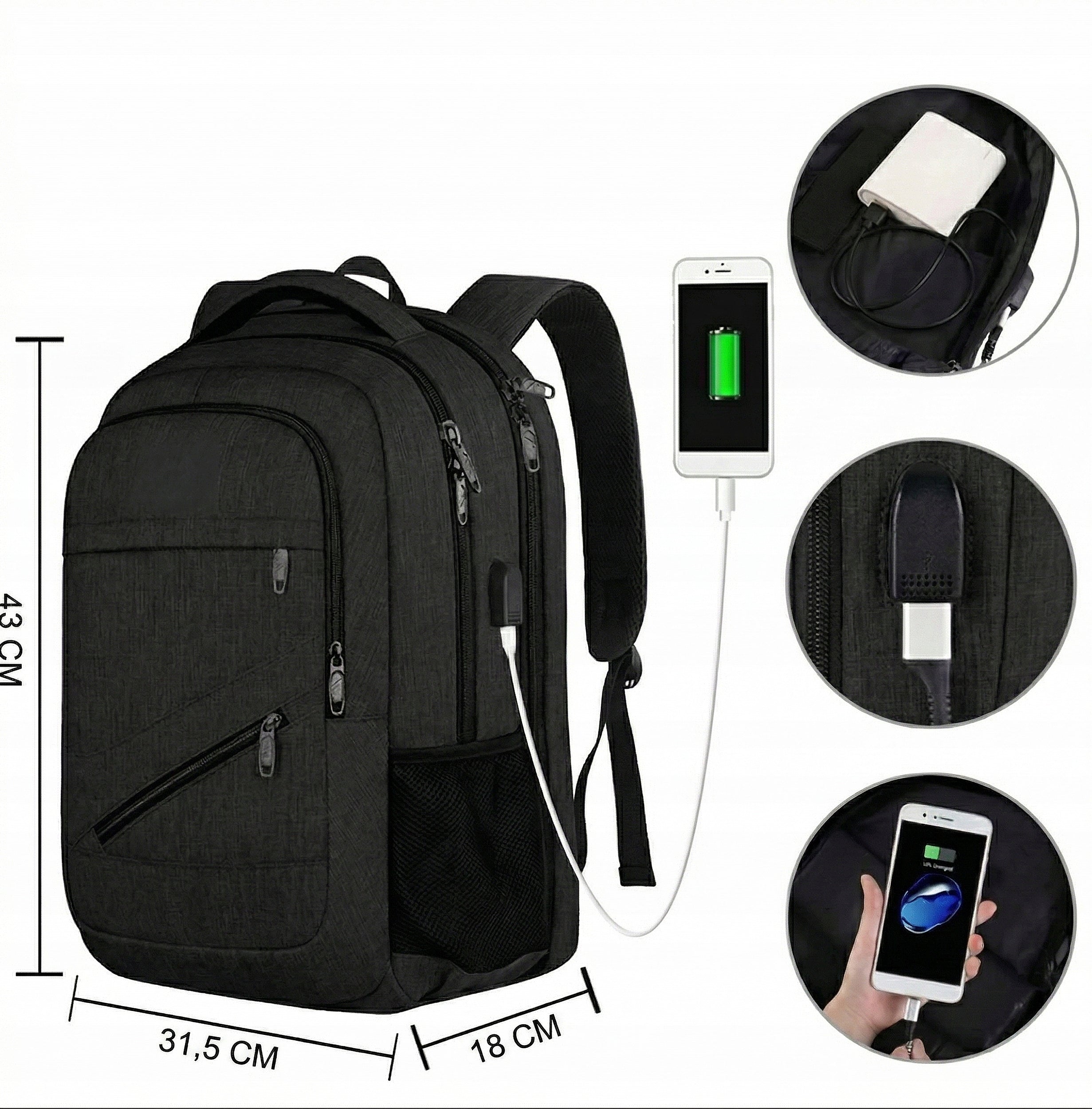 Backpack MATEIN for laptop 15,6" USB 3 Business Chambers BLACK 1035 Brand Matein