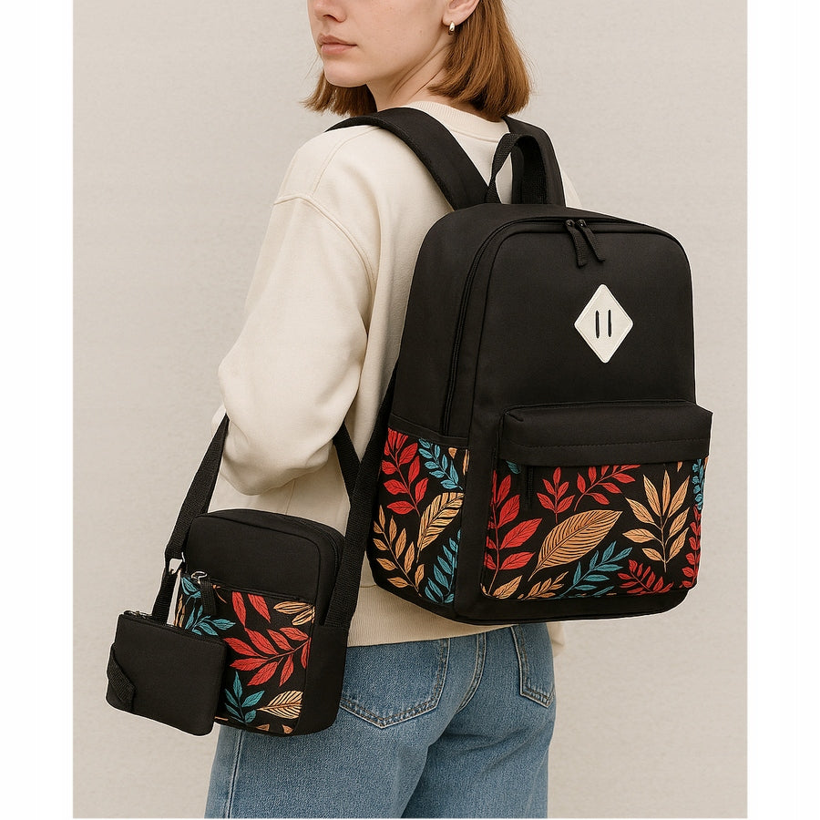Backpack Sachet 3in1 BLACK Leaves Colorful Spacious Large A4 for School Work Brand Likado