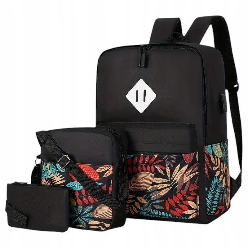 Backpack Sachet 3in1 BLACK Leaves Colorful Spacious Large A4 for School Work