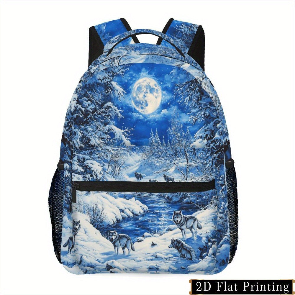 Backpack - Winter Forest Print, Starry Sky, Moon, Snow, Tree, Wolf Pattern