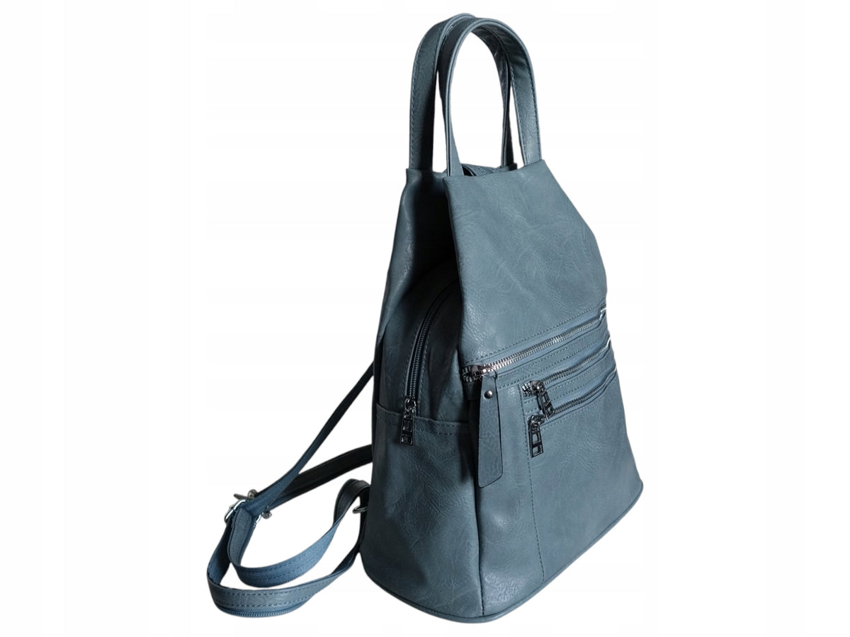 Backpack Women's Shoulder Bag, Eco-Leather, Urban, 7 Pockets, Blue