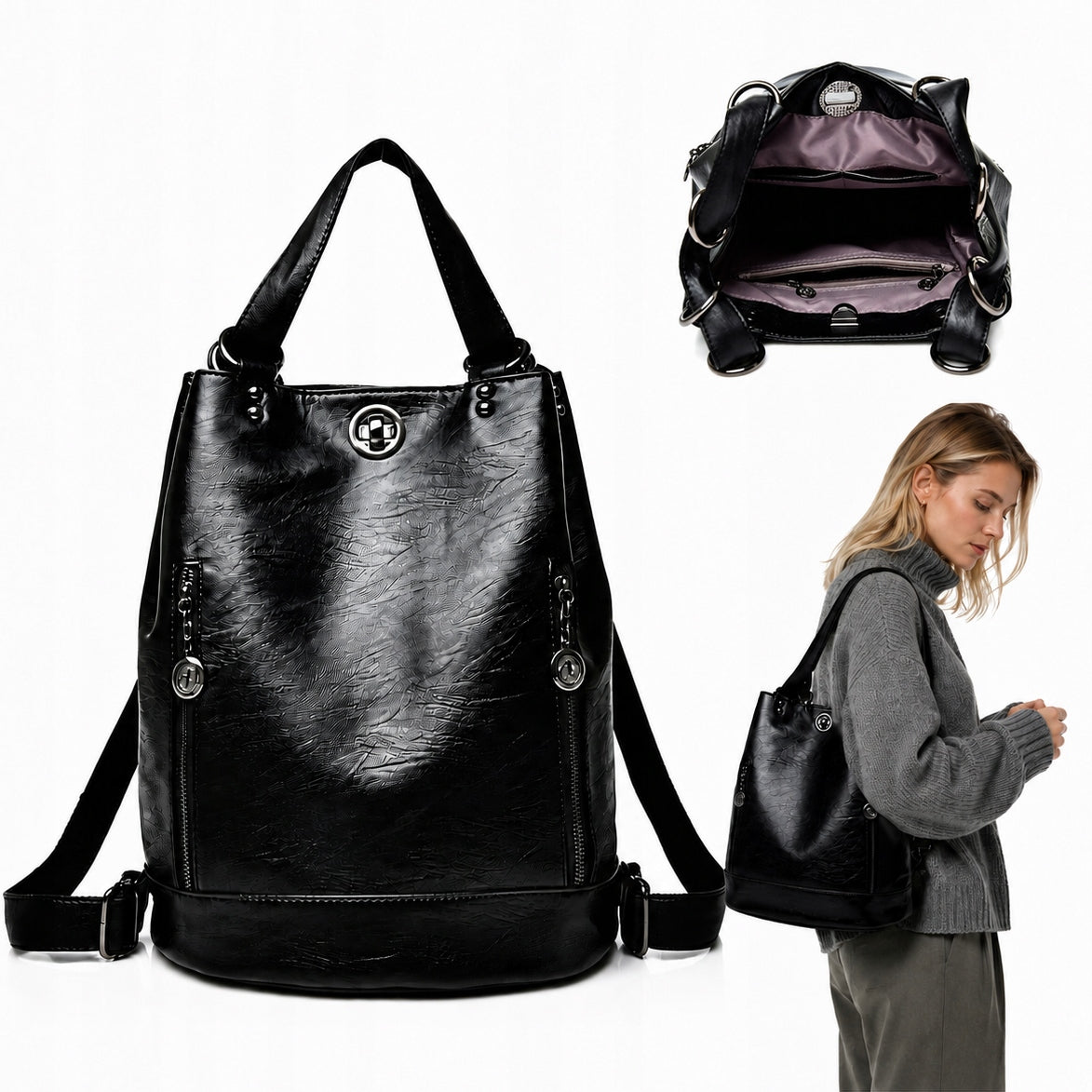 Backpack Women's black leather bag backpack roomy AS