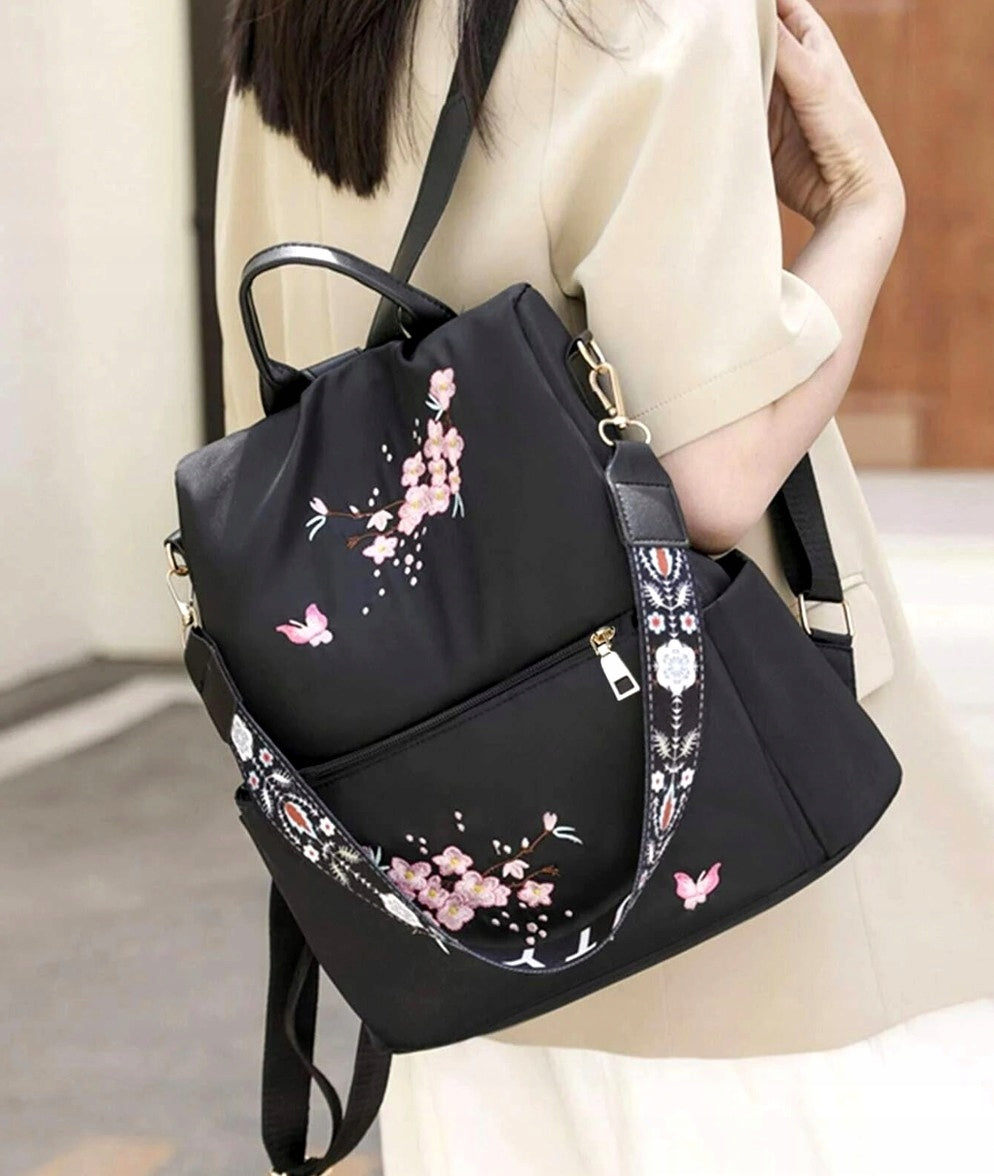 Backpack black roomy 2in1 bag waterproof school hiking with flowers Gender woman
