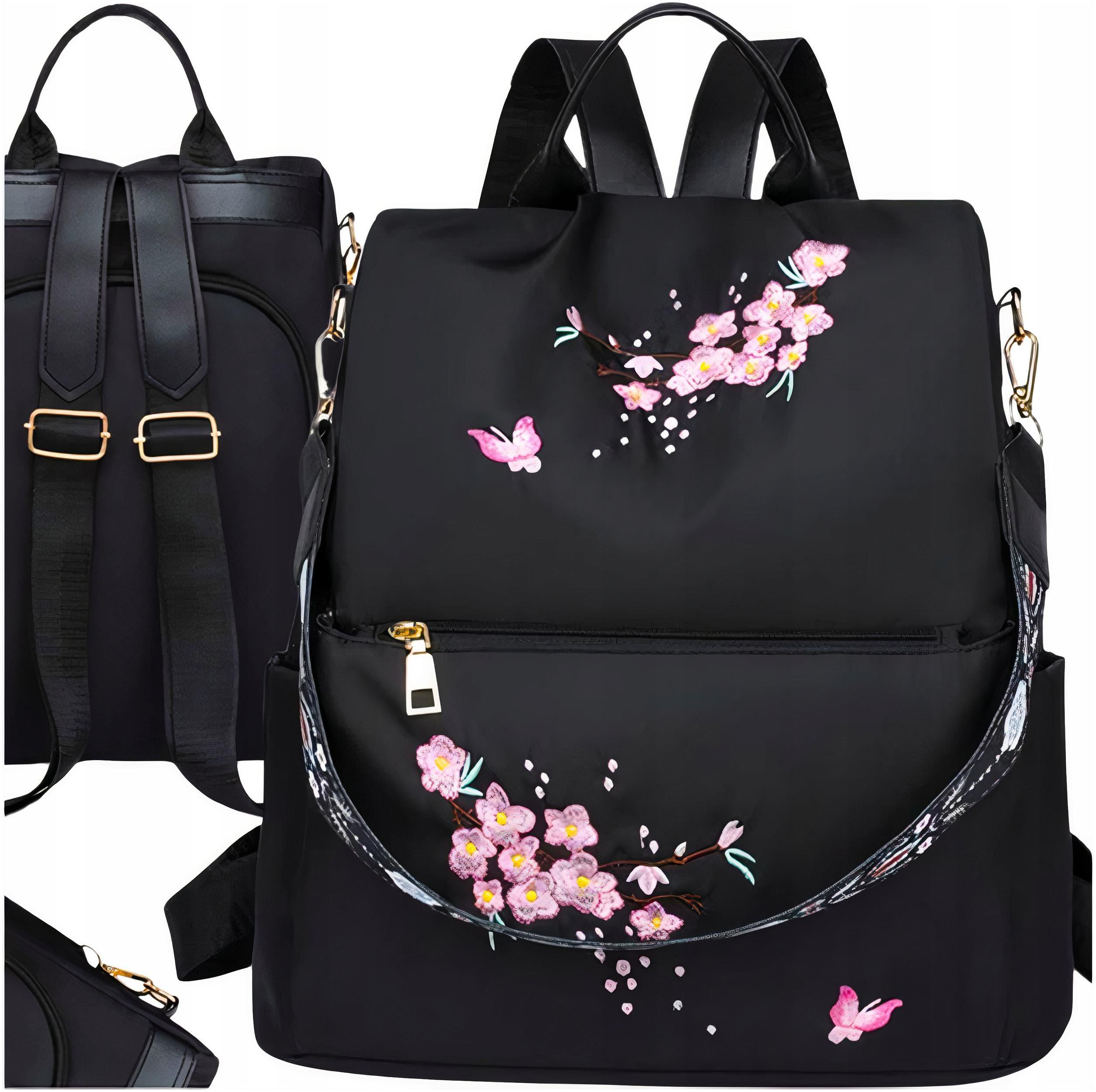 Backpack black roomy 2in1 bag waterproof school hiking with flowers