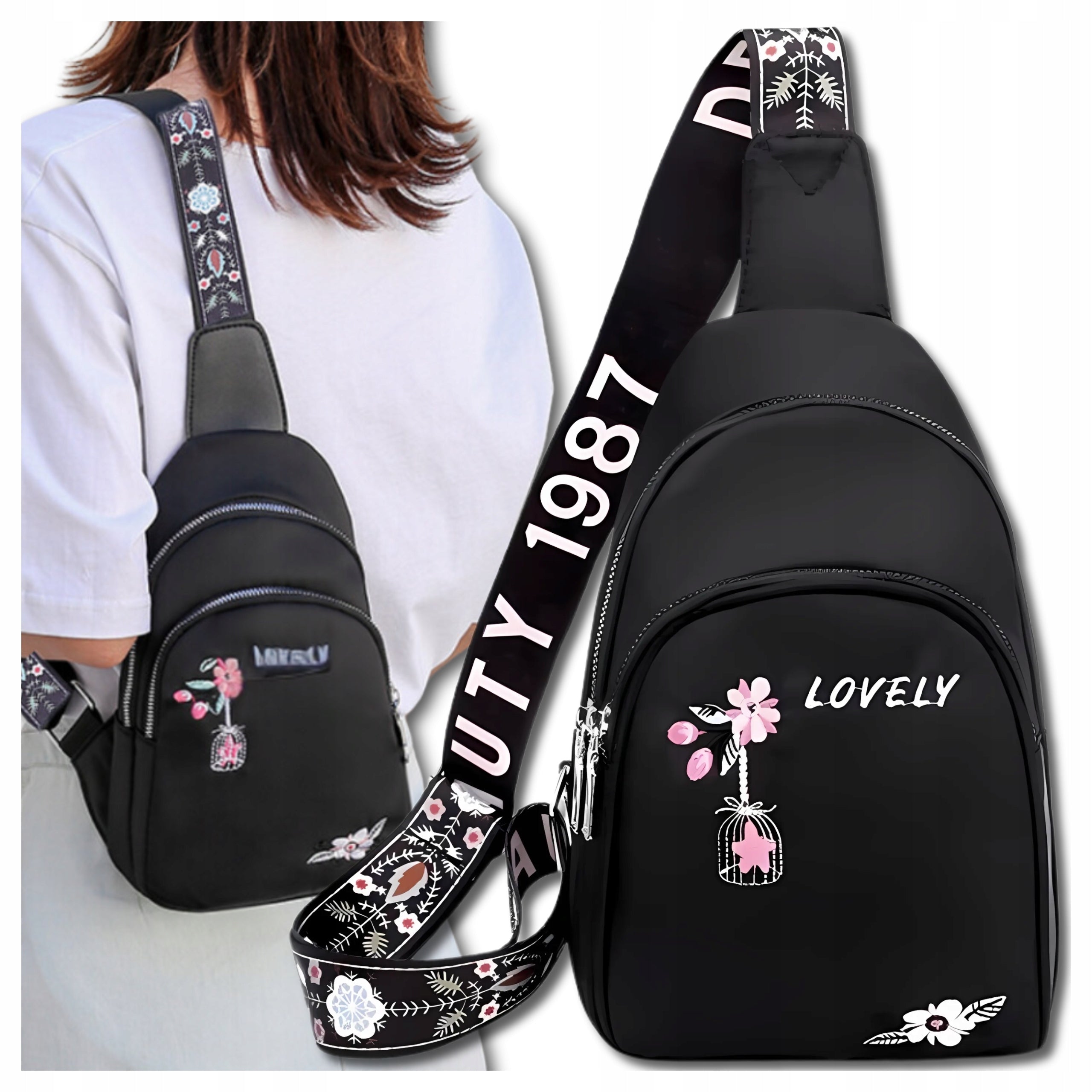 Backpack handbag Women's Sachet black with flowers boho shoulder bag city Brand EdiBazzar
