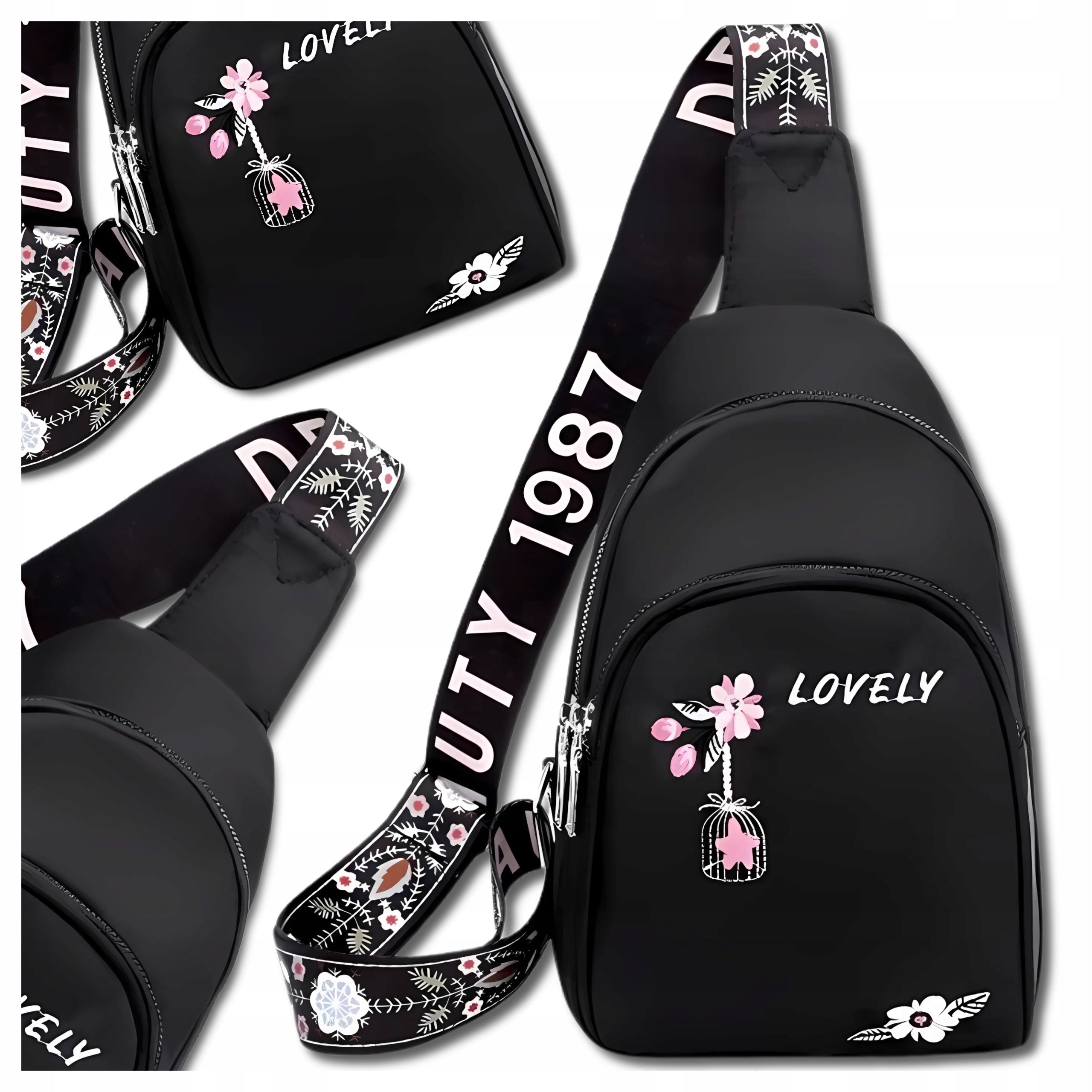 Backpack handbag Women's Sachet black with flowers boho shoulder bag city Packaging status original