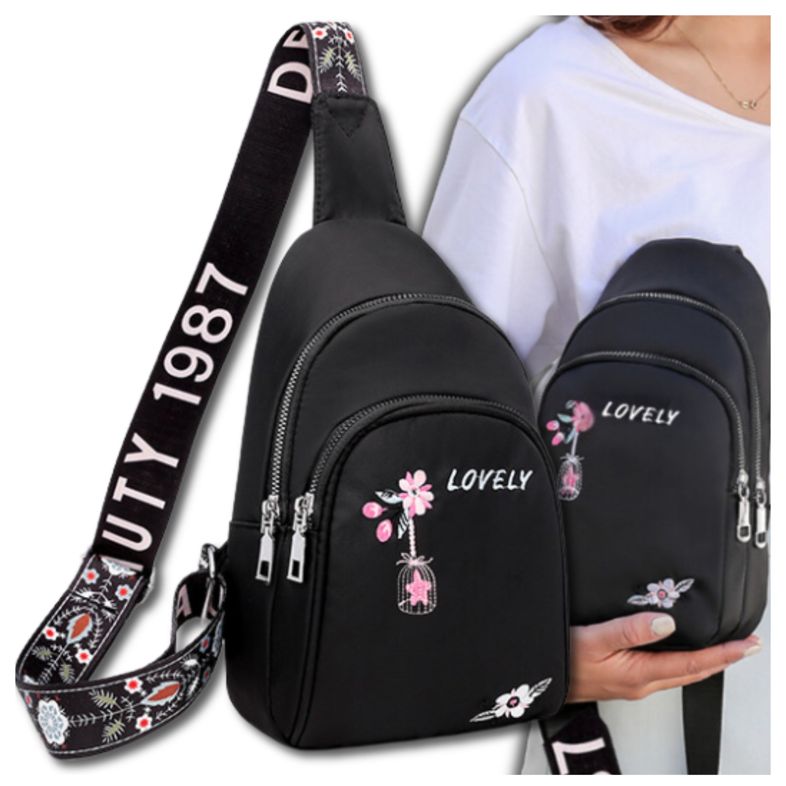 Backpack handbag Women's Sachet black with flowers boho shoulder bag city
